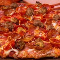 Pikes Peak-Large · All Meat Combo. Mounds of Italian sausage, pepperoni, beef, salami, linguica and ham on clas...