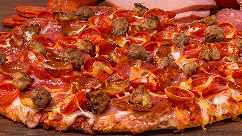 Pikes Peak-Large · All Meat Combo. Mounds of Italian sausage, pepperoni, beef, salami, linguica and ham on classic red sauce. - (120-480 cal./slice)