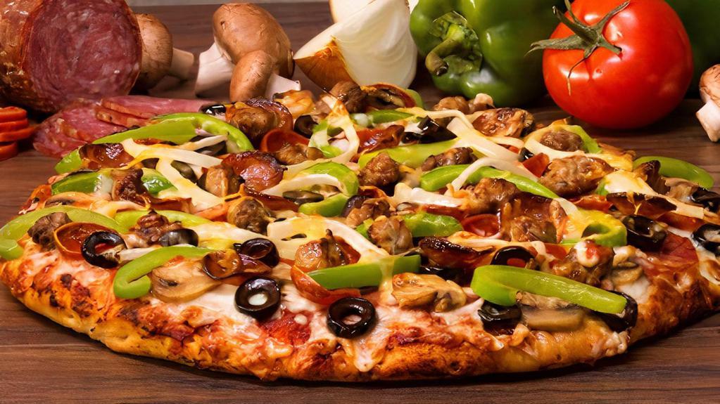 The Everest-Mini · The Classic Combination. Pepperoni, Italian sausage, salami, linguica, beef, mushrooms, black olives, bell peppers and onion on our classic red sauce. - (180-370 cal./slice)