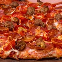 Pikes Peak-MEDIUM · All Meat Combo. Mounds of Italian sausage, pepperoni, beef, salami, linguica and ham on clas...
