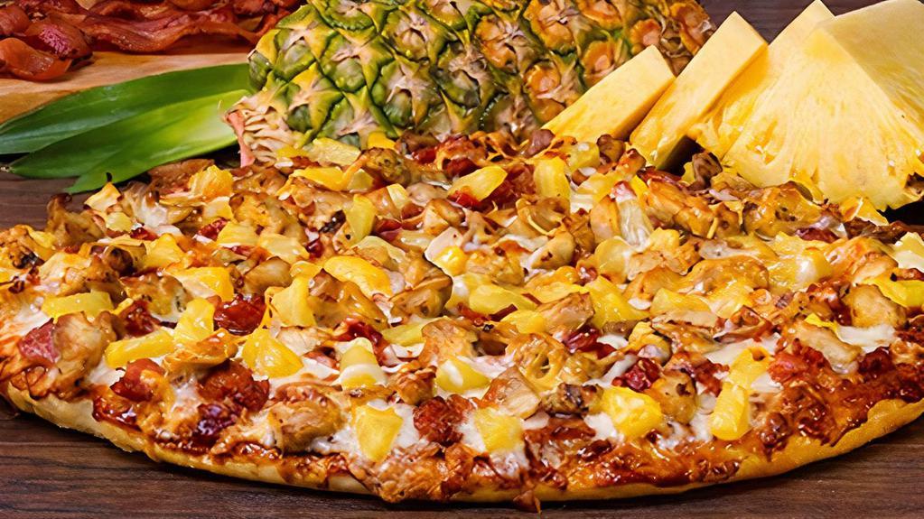 Pineapple Chicken Luau-Small · A tropical treat! Grilled chicken, crispy bacon and juicy pineapple on KC Masterspiece BBQ sauce. - (120-400 cal./slice)