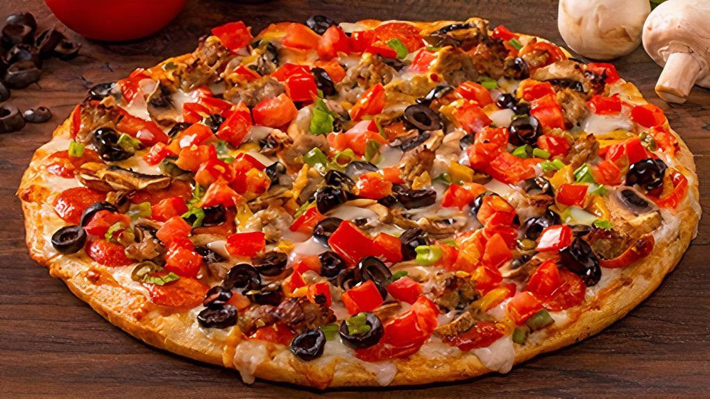 Snowy Alps-Medium · Garlic Combo. Piled high with pepperoni, mushrooms, olives, Italian sausage, green onions and diced tomatoes on our creamy garlic sauce. - (150-340 cal./slice)