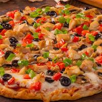 Robbers Roost With White Sauce-Large · Garlic Chicken Combination. Grilled Chicken, diced tomatoes, olives, mushrooms and green oni...
