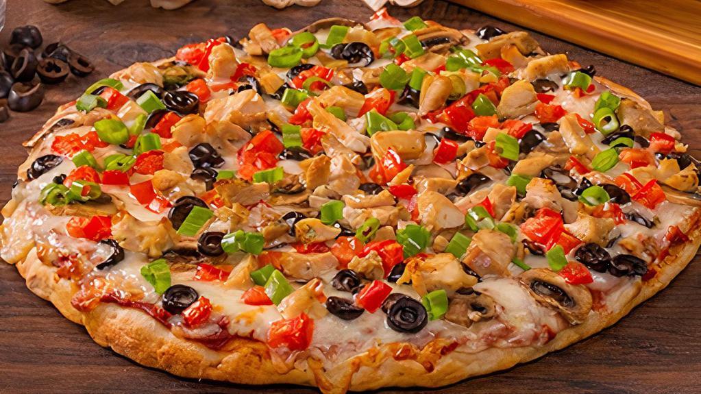 Robbers Roost With White Sauce-Large · Garlic Chicken Combination. Grilled Chicken, diced tomatoes, olives, mushrooms and green onions on white creamy garlic sauce. - (120-320 cal./slice)