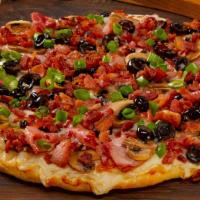 Sizzlin' Bacon Classic-Large · A family favorite! Crispy bacon, tender ham, sliced mushrooms, olives and green onions on cr...