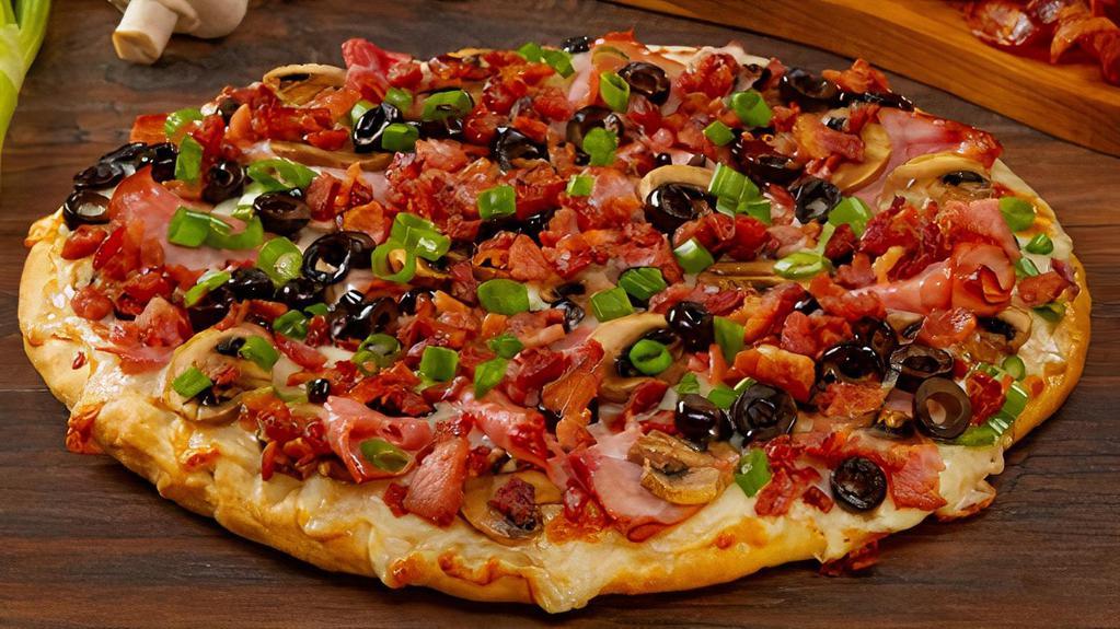 Sizzlin' Bacon Classic-Large · A family favorite! Crispy bacon, tender ham, sliced mushrooms, olives and green onions on creamy garlic sauce. - (150-380 cal./slice)