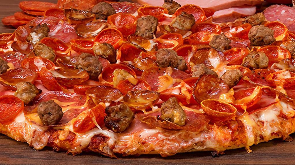 Pikes Peak-Mountain · All Meat Combo. Mounds of Italian sausage, pepperoni, beef, salami, linguica and ham on classic red sauce. - (120-480 cal./slice)