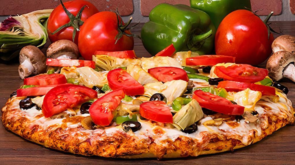 Mt. Veggiemore-SMALL · A Vegetarian Landmark! Loads of mushrooms, black olives, bell peppers, artichoke hearts and sliced fresh tomatoes on classic red sauce. - (90-310 cal./slice)