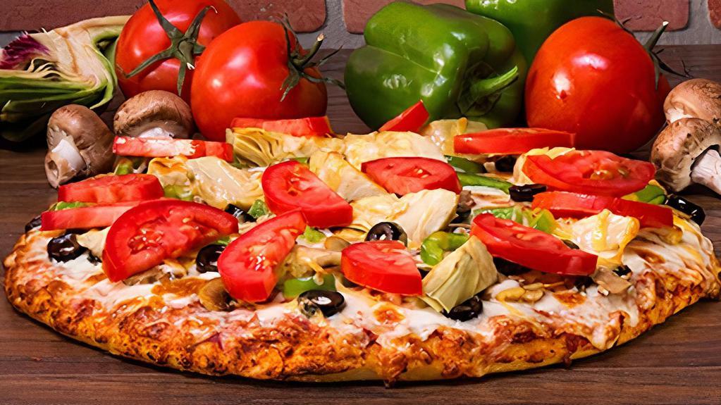 Veggiemore-Mountain · A Vegetarian Landmark! Loads of mushrooms, black olives, bell peppers, artichoke hearts and sliced fresh tomatoes on classic red sauce. - (90-310 cal./slice)
