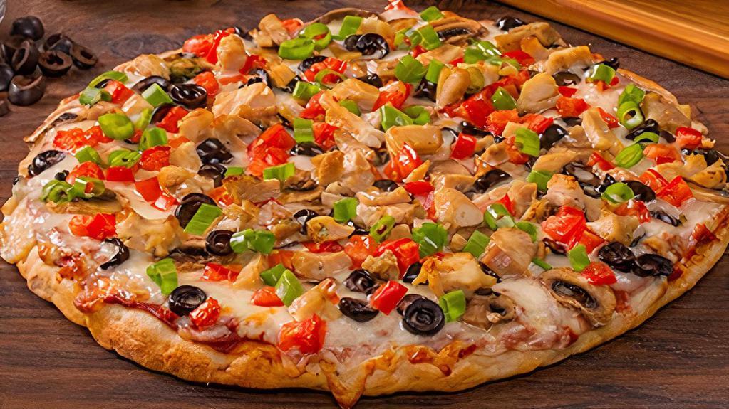 Robbers Roost With White Sauce-Mountain · Garlic Chicken Combination. Grilled Chicken, diced tomatoes, olives, mushrooms and green onions on white creamy garlic sauce. - (120-320 cal./slice)