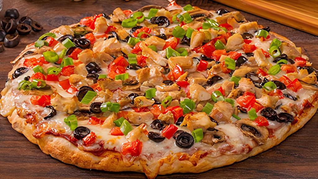 Robbers Roost With White Sauce-Small · Garlic Chicken Combination. Grilled Chicken, diced tomatoes, olives, mushrooms and green onions on white creamy garlic sauce. - (120-320 cal./slice)