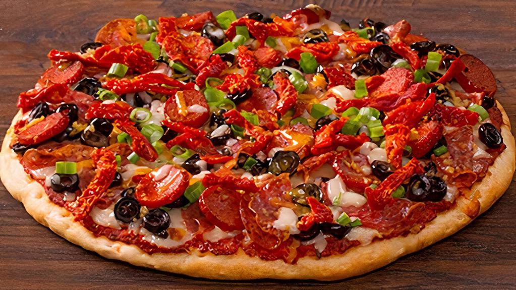 Garlic Tuscan-Large · Louisiana Hot Sausage, salami, black olives, garlic, green onions and sun dried tomatoes on our classic red sauce. - (120-390 cal./slice)