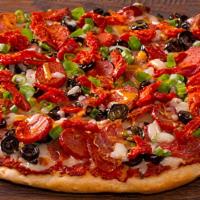 Garlic Tuscan-Medium · Louisiana Hot Sausage, salami, black olives, garlic, green onions and sun dried tomatoes on ...