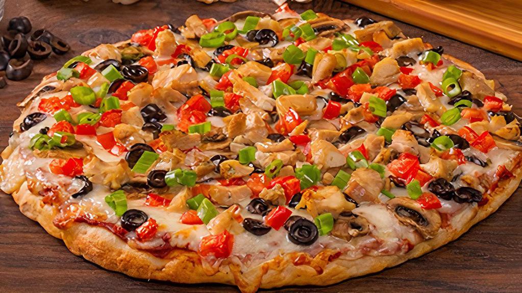 Robbers Roost With Classic Red Sauce-Mountain · Garlic Chicken Combination. Grilled chicken, diced tomatoes, olives, mushrooms and green onions on classic red sauce. - (90-300 cal./slice)