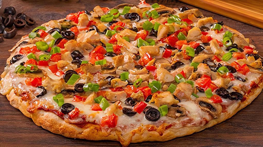Robbers Roost With Classic Red Sauce-Medium · Garlic Chicken Combination. Grilled chicken, diced tomatoes, olives, mushrooms and green onions on classic red sauce. - (90-300 cal./slice)