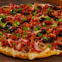 Sizzlin' Bacon Classic-Mountain · A family favorite! Crispy bacon, tender ham, sliced mushrooms, olives and green onions on cr...