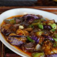 Chili Bean Eggplant · Vegan. Chinese eggplant, bell peppers, onion, hot bean sauce.