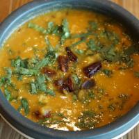 Yellow Daal Tadka · Gluten free. Vegan. Spicy. Yellow lentils, onion, tomato, cilantro, chili, indian spices.