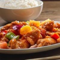Sweet & Sour Chicken · White chicken, mixed vegetables,  pineapple, strawberry.