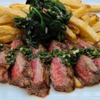 Steak Frites · 6oz Flank Steak with Chimichurri, served with Kennebec Fries and Roasted Garlic Tomato