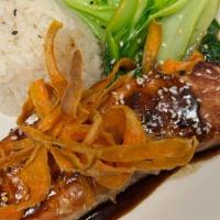 Mongolian King Salmon · chinook salmon, coconut infused rice, steamed baby bok choy, mongolian marinade