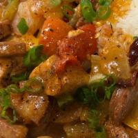 Spicy Cajun Jambalaya · petite shrimp, spicy sausage, blackened chicken, jasmine rice, creole sauce