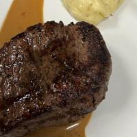 Grass Fed Filet · 7 oz center cut, Natural grass fed filet mignon, served with mashed potato and cognac pepper...