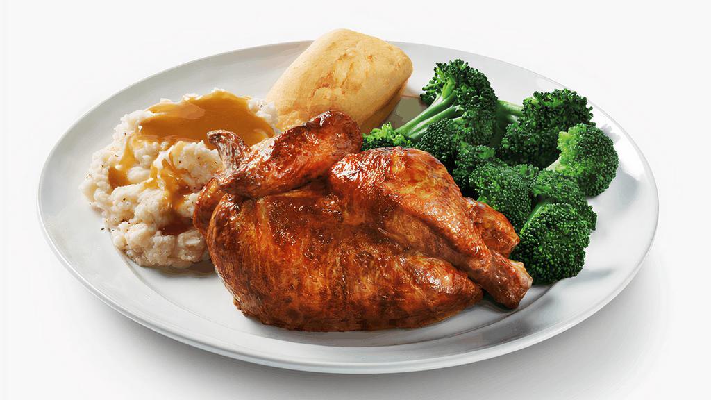Half Rotisserie Chicken · Half a chicken. Full-on flavor. All-natural, never frozen chicken marinated with the perfect blend of garlic, herbs and spices. Served with 2 homestyle sides and fresh-baked cornbread.