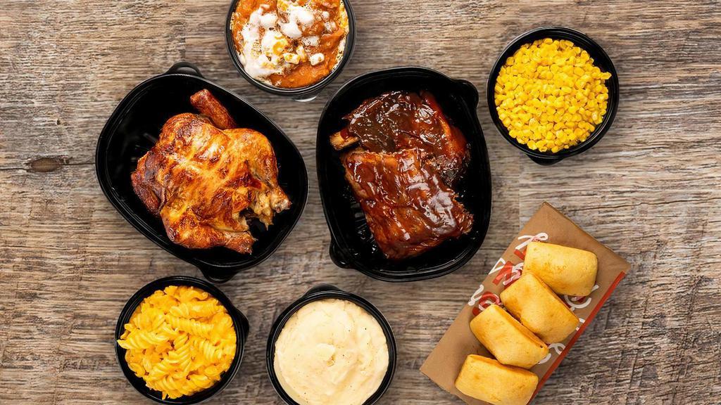 Chicken & Ribs Family Combo · Baby Back Ribs + Rotisserie Chicken = combo perfection.  Get a Whole Chicken, Full order of Baby Back Ribs, 4 large sides and 4 cornbread.
