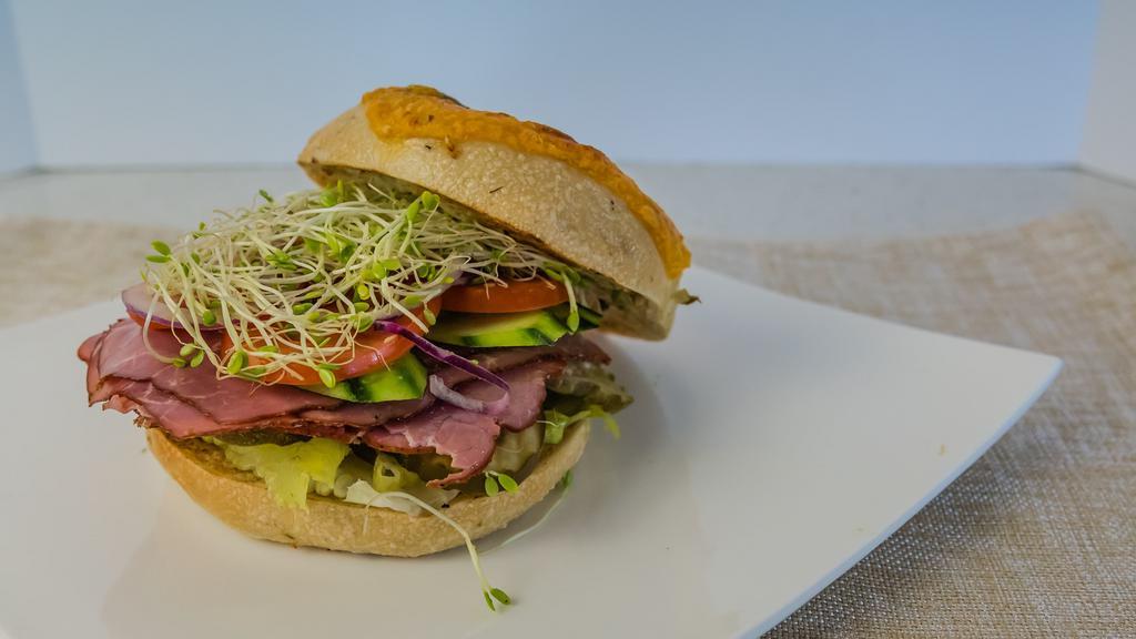 Roast Beef · Include: mayo, mustard, lettuce, tomato, cucumber, onion, pickle, pepperoni and sprout.