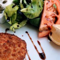 Pan Fried Crab Cakes with Tartar Sauce · Mixed greens-drizzled balsamic reduction.
