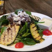Grilled Vegetable - Farro Salad · Baby spinach, eggplant, zucchini, red onion, cherry tomatoes, Parmesan cheese, Meyer lemon v...