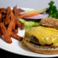 Lamb Burger · Swiss cheese, avocado - mayonnaise spread, lettuce, onions, tomatoes, pickles.