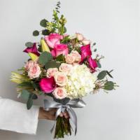 Pleasantly Pink Large Bouquet · Roses, mini callas, spray roses, lilies, campanula, hydrangeas, fillers and greens.