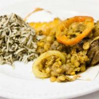 Deygee Kabab · Sautéed leg-of-lamb with yellow split-peas, onions, and red bell peppers served with sweet p...