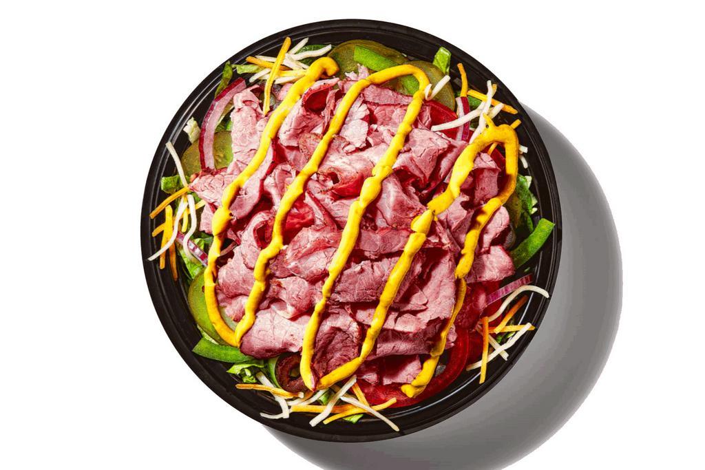 Big Hot Pastrami (680 Cals) · The name says it all. This bowl is loaded with hot pastrami, Monterey cheddar cheese, pickles, mustard and the fresh veggies of your choosing, like baby spinach, cucumber and red onions..