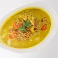 Yellow Curry Chicken · Gluten free. (NOT SERVED w/ Rice) Mild. Braised CHICKEN THIGH in mild homemade yellow curry ...