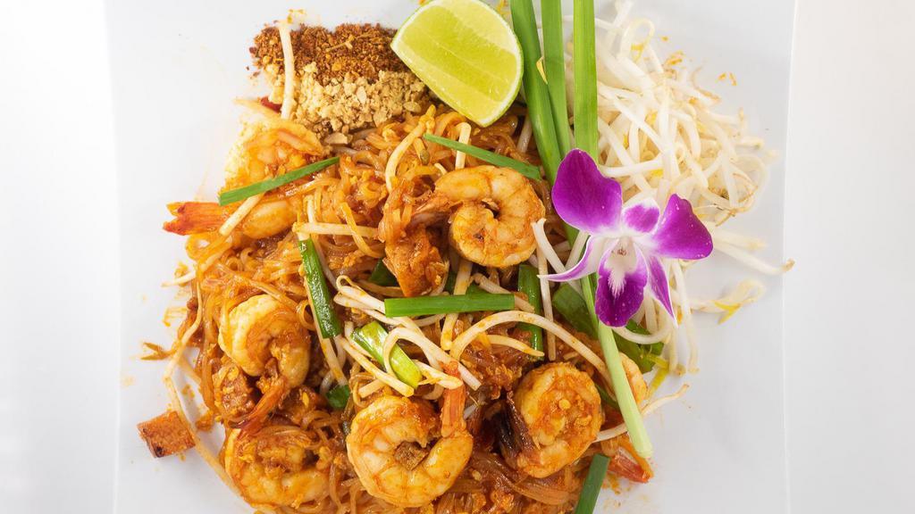 Pad Thai · Gluten free. Rice noodles sautéed with eggs, tofu, bean sprouts, chives and roasted ground peanuts.