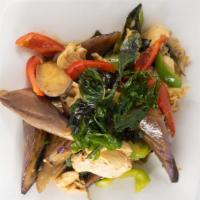 Spicy Eggplant · (NOT SERVED w/ Rice) (Medium spicy) Garlic, Thai chili paste, bell peppers, eggplants, and b...