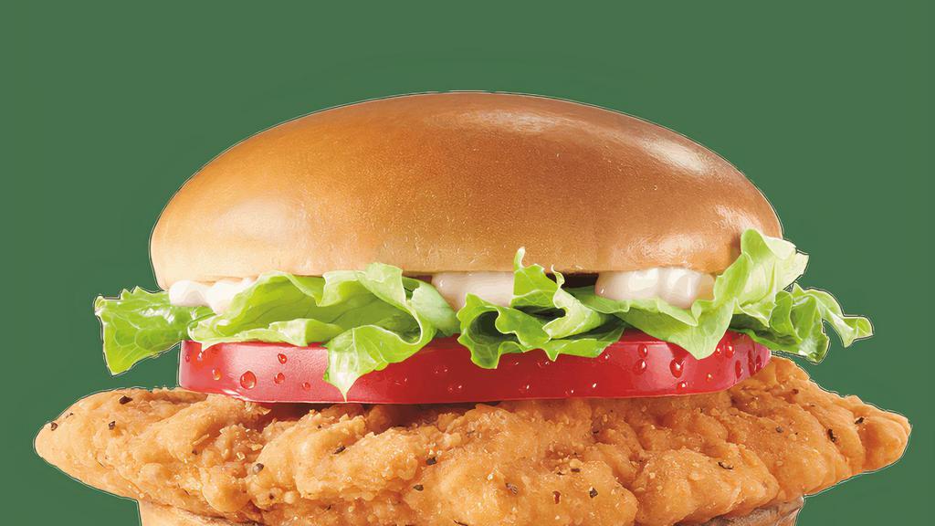 Crispy Chicken Sandwich · A crispy chicken fillet topped with crisp chopped lettuce, thick-cut tomato and mayo served on a warm toasted bun.