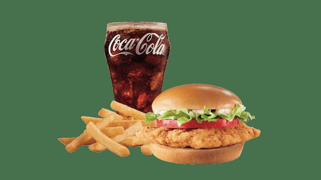 Crispy Chicken Sandwich Combo · A crispy chicken fillet topped with crisp chopped lettuce, thick-cut tomato and mayo served on a warm toasted bun. Served with fries and a 21oz drink.