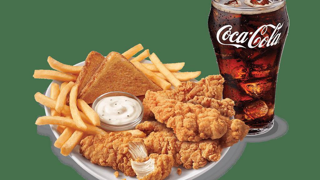 Chicken Strip Basket - 6Pc W/Drink · A DQ® signature, 100% all-tenderloin white meat chicken strips are served with crispy fries, Texas toast, and your choice of dipping sauce, such as our delicious country gravy served with your choice of 21oz drink