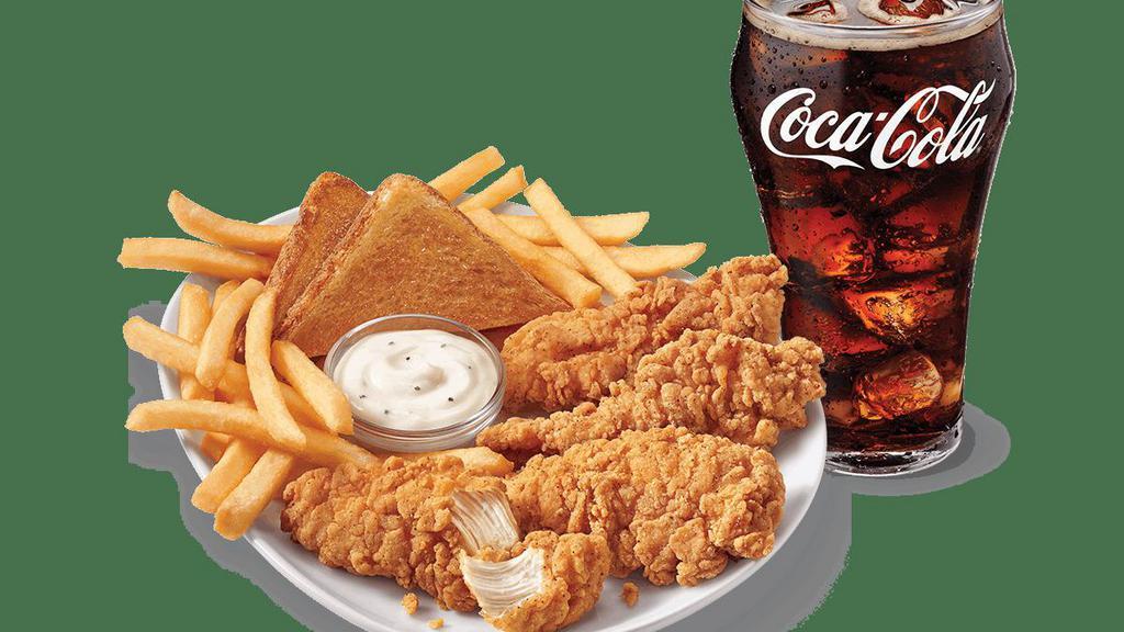Chicken Strip Basket - 4Pc W/Drink · A DQ® signature, 100% all-tenderloin white meat chicken strips are served with crispy fries, Texas toast, and your choice of dipping sauce, such as our delicious country gravy served with your choice of 21oz drink