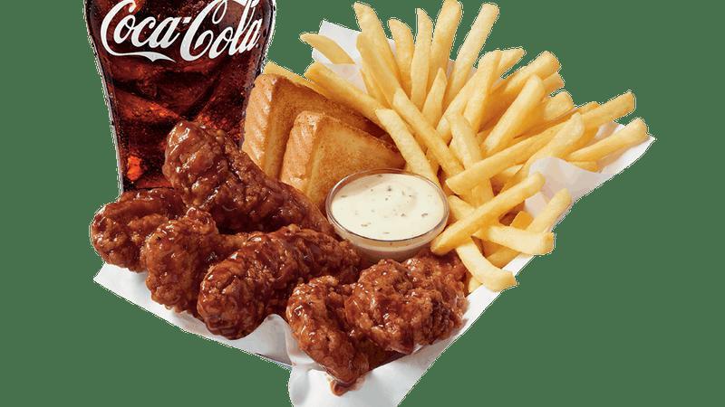 Honey Bbq Glazed Chicken Strip Basket - 6Pc W/Drink · 100% all-white meat tenderloin strips, tossed in a Honey BBQ glaze that has a sweet and smoky BBQ flavor, Texas Toast and crispy fries, served with a choice of dipping sauce
