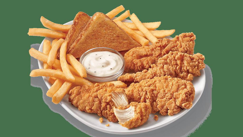 Chicken Strip Basket - 4Pc · A DQ® signature, 100% all-tenderloin white meat chicken strips are served with crispy fries, Texas toast, and your choice of dipping sauce, such as our delicious country gravy
