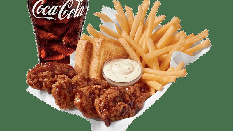 Honey Bbq Glazed Chicken Strip Basket - 4Pc W/Drink · 100% all-white meat tenderloin strips, tossed in a Honey BBQ glaze that has a sweet and smoky BBQ flavor, Texas Toast and crispy fries, served with a choice of dipping sauce