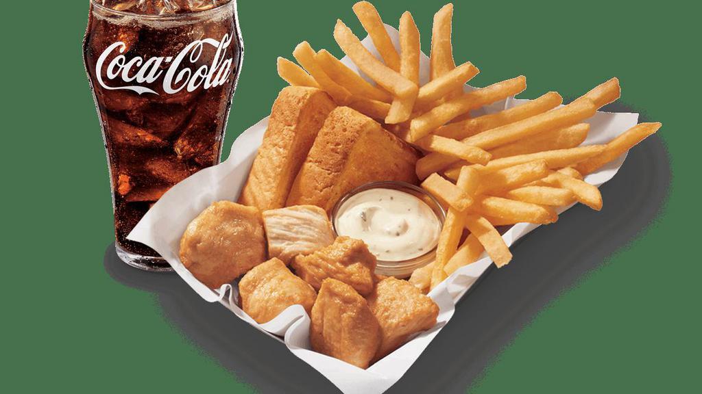 Small Rotisserie Basket W/ Drink · DQ’s new 100% white meat, juicy, tender, rotisserie-style chicken bites, served with fries, Texas toast and house-made Hidden Valley Ranch dipping sauce served with a drink. Available in a 6- or 8-piece basket.