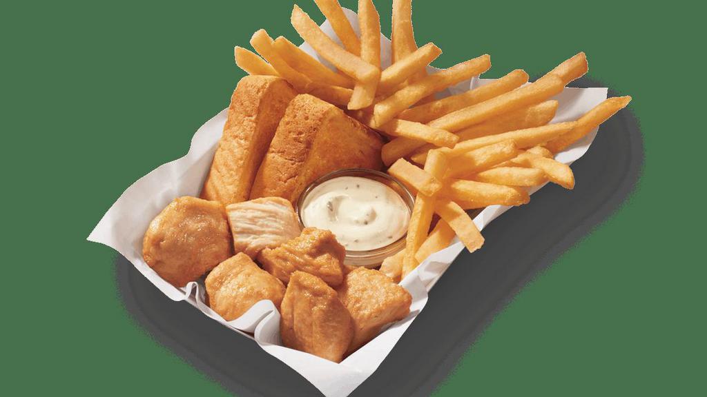 Small Rotisserie Basket · DQ’s new 100% white meat, juicy, tender, rotisserie-style chicken bites, served with fries, Texas toast and house-made Hidden Valley Ranch dipping sauce. Available in a 6- or 8-piece basket.