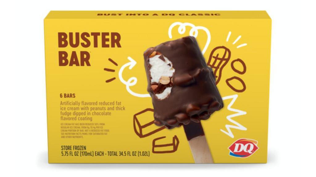 6 Pack Buster Bar® · A fresh take on our classic PEANUT BUSTER® Parfait, the BUSTER BAR® Treat is made with layers of our world famous vanilla soft serve, rich fudge, and crunchy peanuts all dipped in our crunchy chocolate-flavored cone coating.