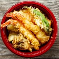Tendon · 2 jumbo shrimp and vegetable tempura over the rice with sweet bonito soy sauce.